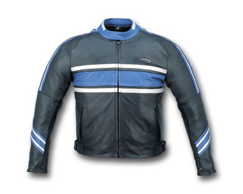 Mens Black and Blue Leather Motorcycle Jacket with Removable Soft Armor