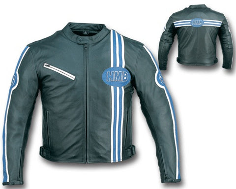 Mens Leather Motorcycle Sport Jacket With Armor Blue Stripe