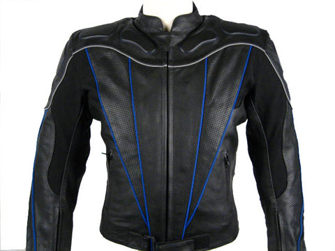 Mens Leather Motorcycle Sport Jacket With Armor Black/Blue