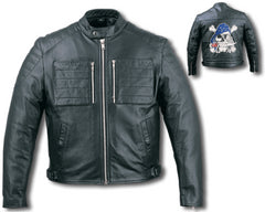 Black Top Grain Leather Motorcycle Patrol Jacket with Skull on Back