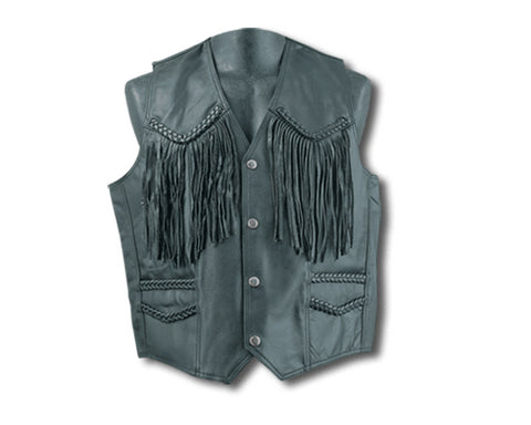 Black Top Grain Braided Leather Motorcycle Vest W/Fringes