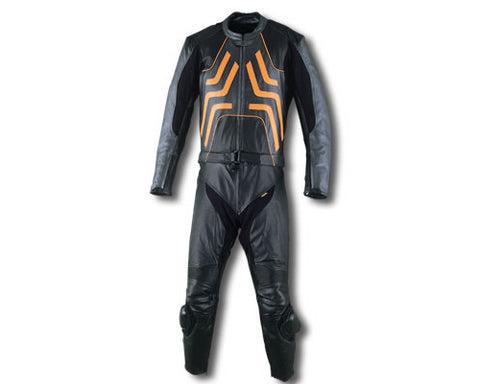 2 Piece Leather Armored Motorcycle Racing Suit Black Orange