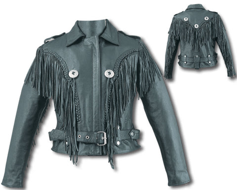 Women's Leather Motorcycle Jacket with Braids Fringes Conchos