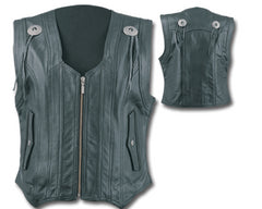 Ladies Zip Front Black Top Grain Braided Leather Motorcycle Vest with Conchos